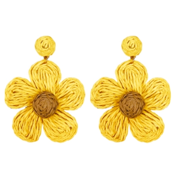 Oversized Yellow Wicker Flower Power Earrings Boho Summer Big Raffia Flowers - Picture 2 of 4